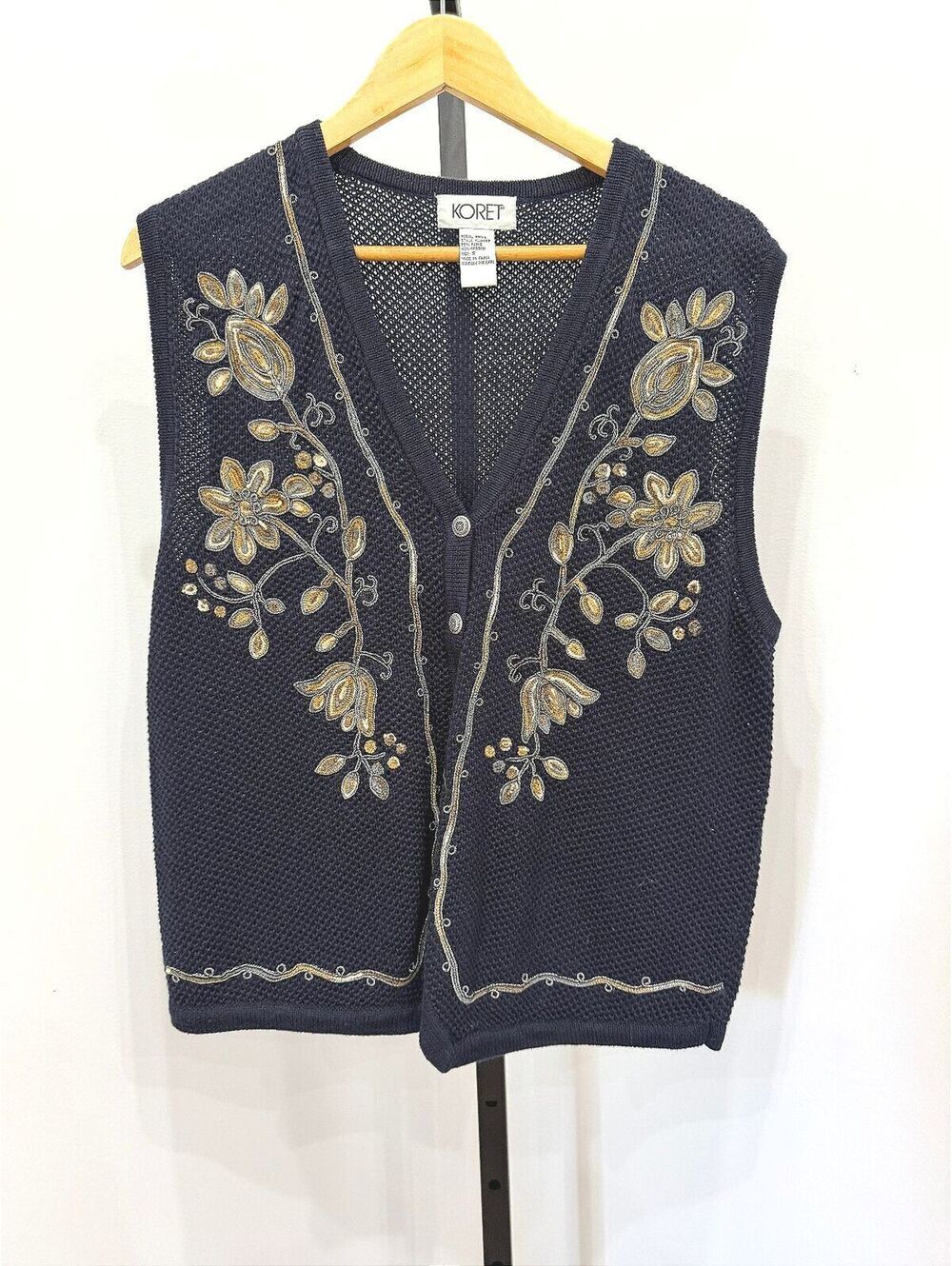 Koret Navy Blue Sleeveless Knit Vest with Embroidered Floral Size S Grannycore